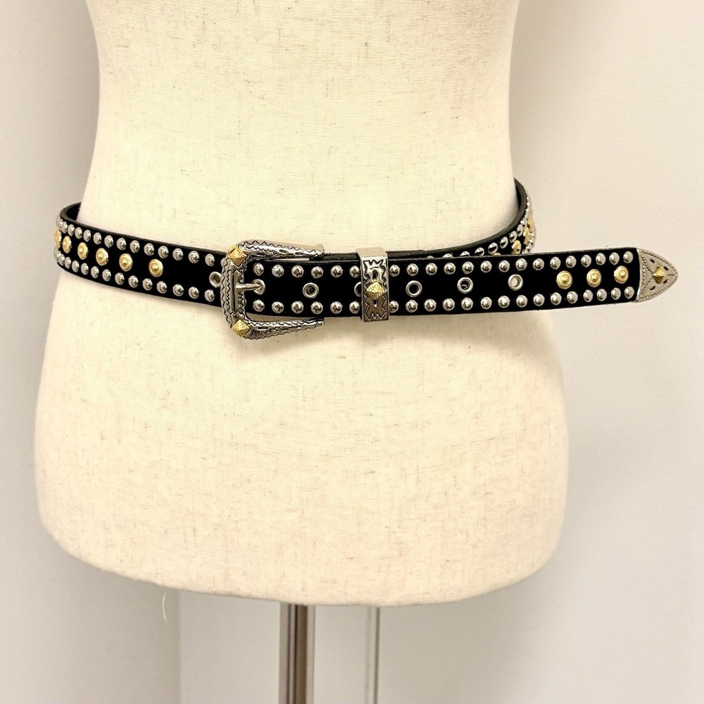 Black Leather Studded Womens Western Belt Silver Gold ML Cowgirl Moto Punk Y2K
